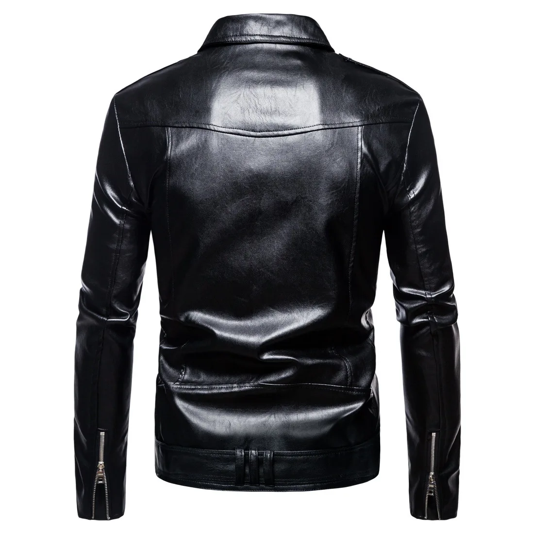 DressU Mens PU Leather Turn-Down Collar Olique Zipper Bomber Jacket