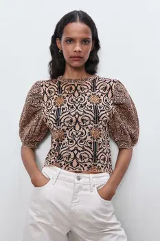 

2020 new Spring Summer New Style European puff sleeve Jacquard Tops Knitting blouse zaraing vadiming sheining women blouse shirt