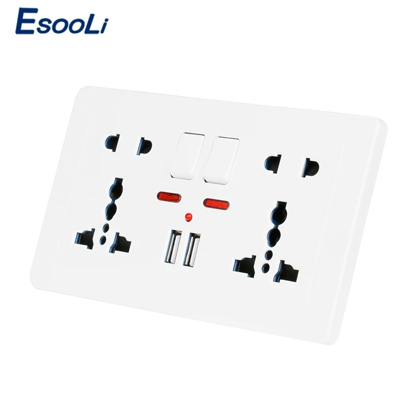 

Esooli Wall Power Socket Double Universal 5 Hole Switched Outlet 2.1A Dual USB Charger Port LED indicator 146mm*86mm