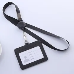 Retractable PU Leather ID Badge Holder with Lanyard - Professional Name Tag Accessory Set (Black horizontal)