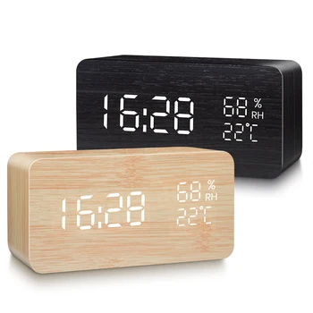 Alarm Clock LED Digital Wooden USB/AAA Powered Table Watch With Temperature Humidity Voice Control Snooze Electronic Desk Clocks 1