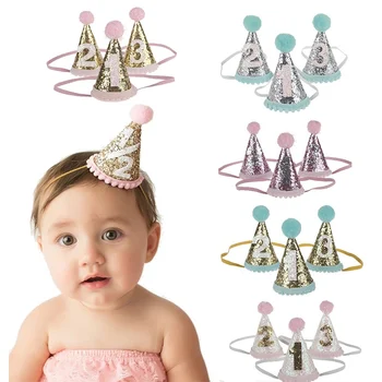

Newborn Infant Toddler Baby Girl Boy Half 1/2 First Second Third Birthday Shiny Conical Party Cake Party Hats Headband Props