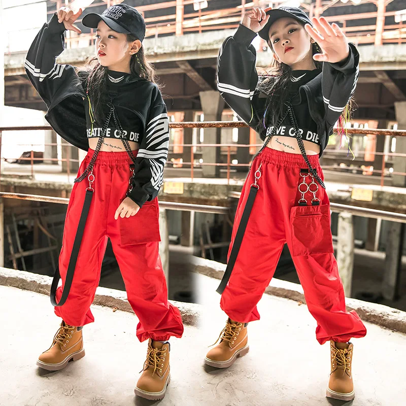 Hip Hop Clothing Girls Jazz Dance Costume Long Sleeve Black Tops Red Cargo Pants Kids Hip Hop Performance Wear Rave Clothes 5049