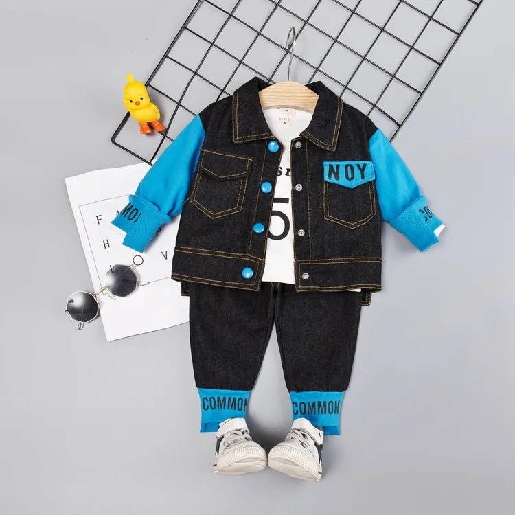 Комплекты одежды для маленьких мальчиков весенне-осенние детские модные хлопковые пальто+ футболка+ штаны, комплект из 3 предметов для маленьких мальчиков, повседневная одежда
