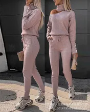 Women' Tracksuit Fall 2021 New High Neck Long Sleeve Pullover Lace Up Pants Casual Knitted Pants Suit