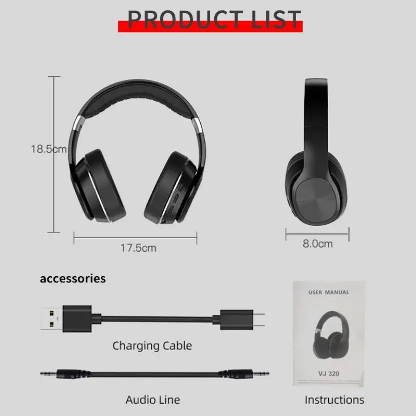 VJ320 HiFi Wireless Bluetooth Headset 5 0 Subwoofer Over Ear Head mounted Headphone 8D Stereo Sound TF Card Foldable Earphone