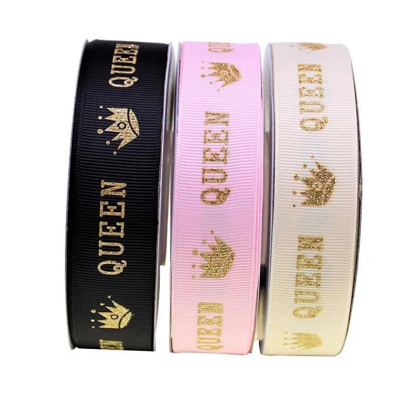 

T.R RIBBON 16mm gold glitter ribbon Gift Wrap queen crown print 25 yards