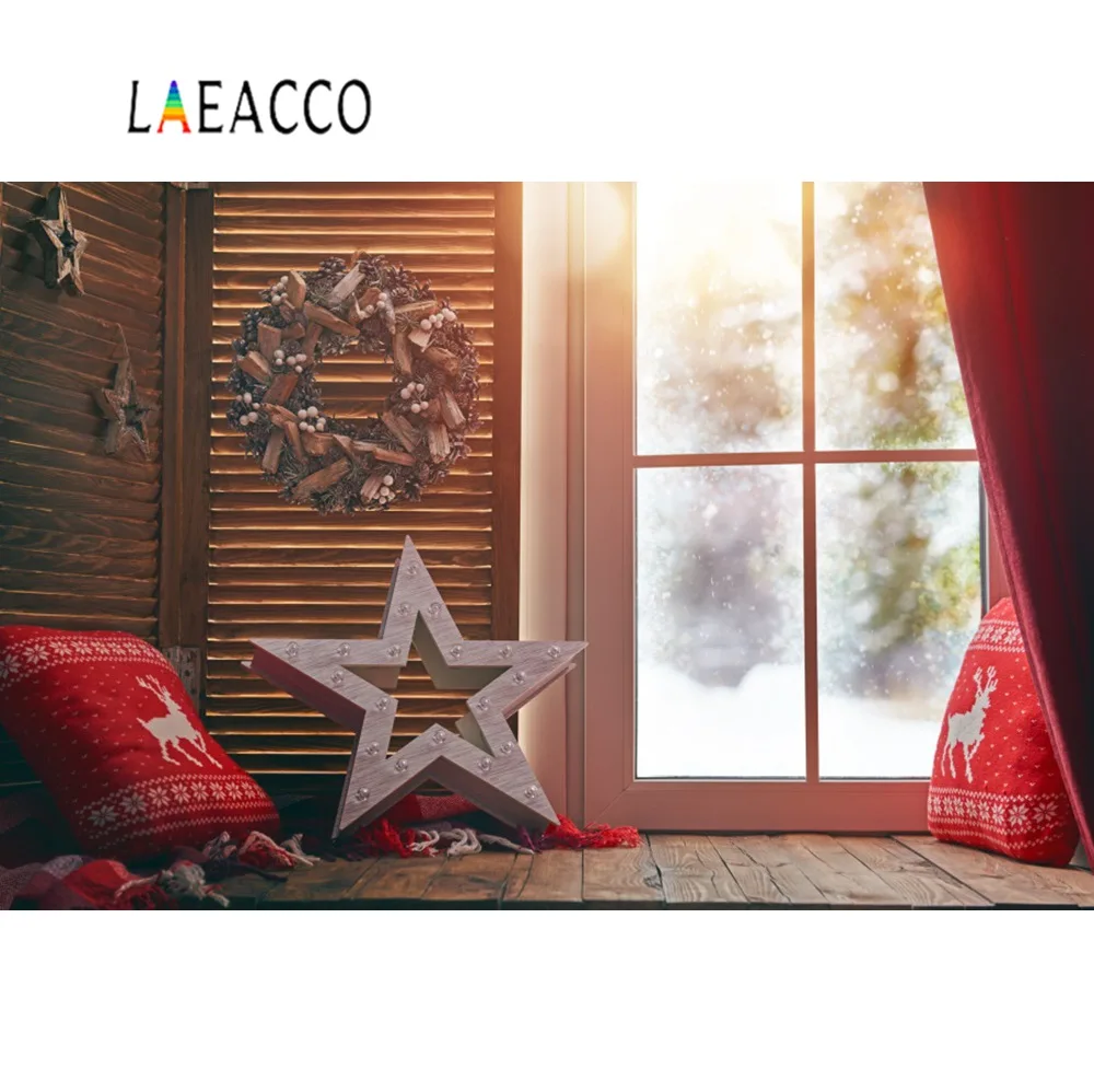 Laeacco Merry Christmas Tree Ball Gift Star Pillow Window Rural House Baby Child Portrait Photo Backgrounds Photography Backdrop