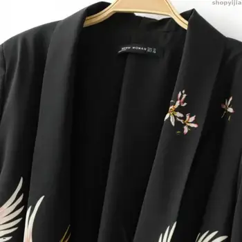 

New Product Casual Long Sleeve Jacket Women Red Crowned Crane Printing Kimono Style Coat Retro Knotted Bandana Top Fashion