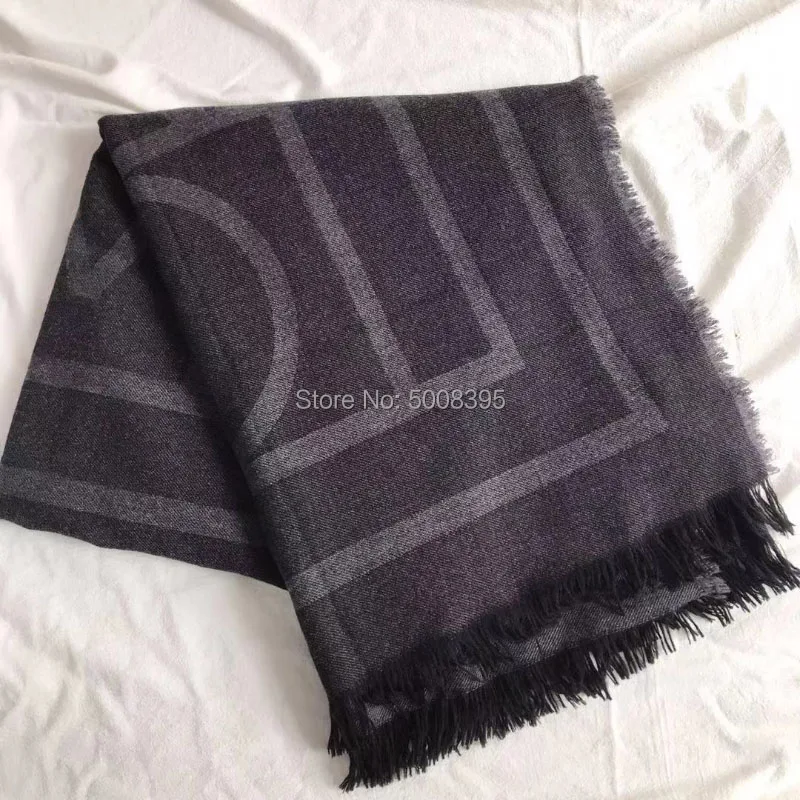 Черно-серые шерстяные шарфы из пашмины 150 см с буквенным принтом и бахромой, большой женский шарф