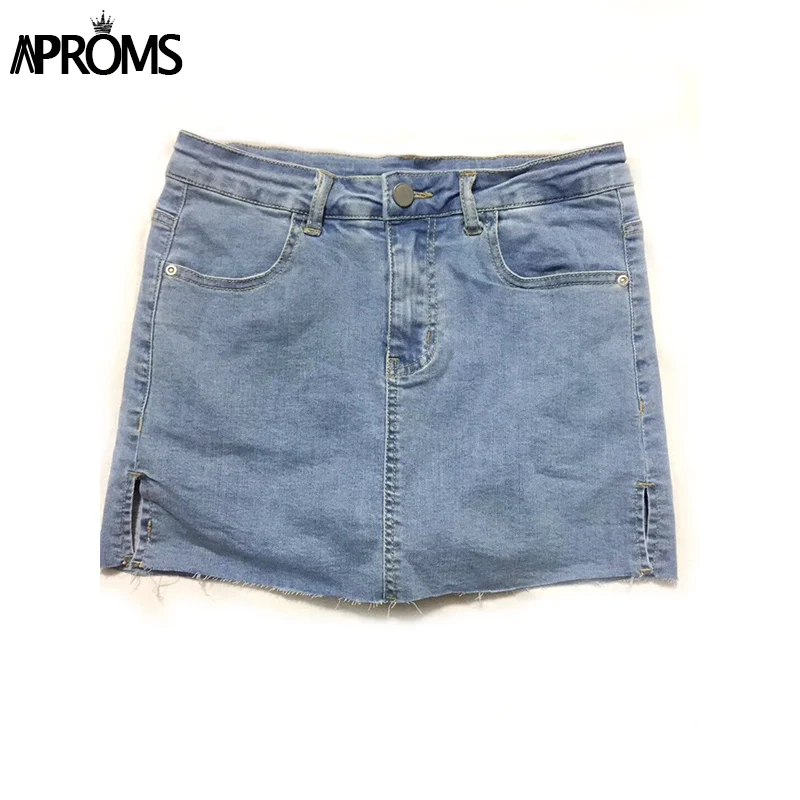 Aproms, черные, синие джинсовые шорты, юбки для женщин,, сексуальные, с высокой талией, с разрезом по бокам, обтягивающие шорты, уличная мода, облегающие плавки - Цвет: Синий