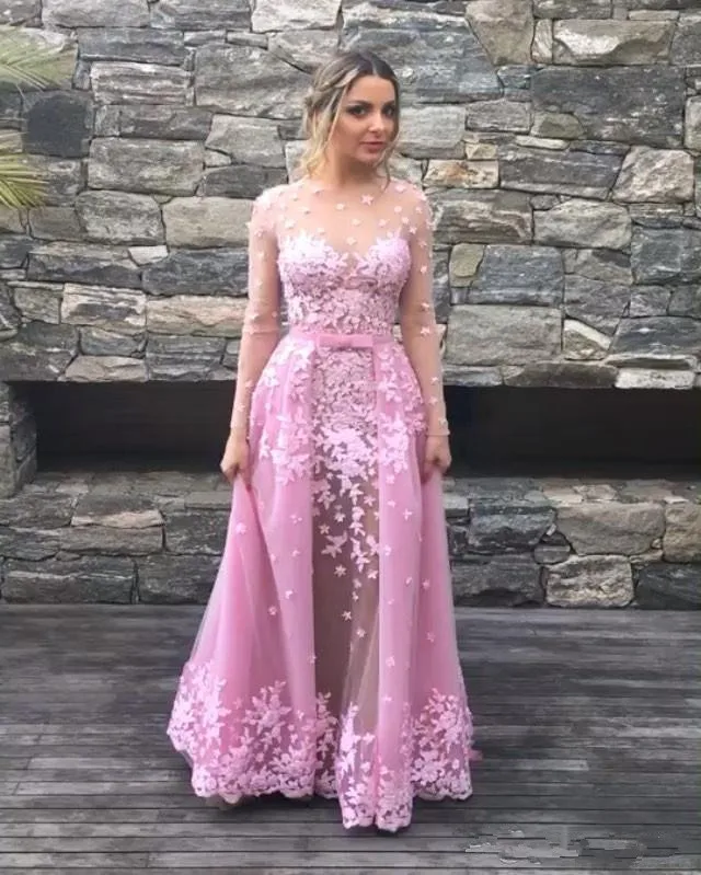 Detachable Train Formal Evening gowns With Long Sleeves Sequins Mermaid illusion Button pink lace prom dresses prom dress