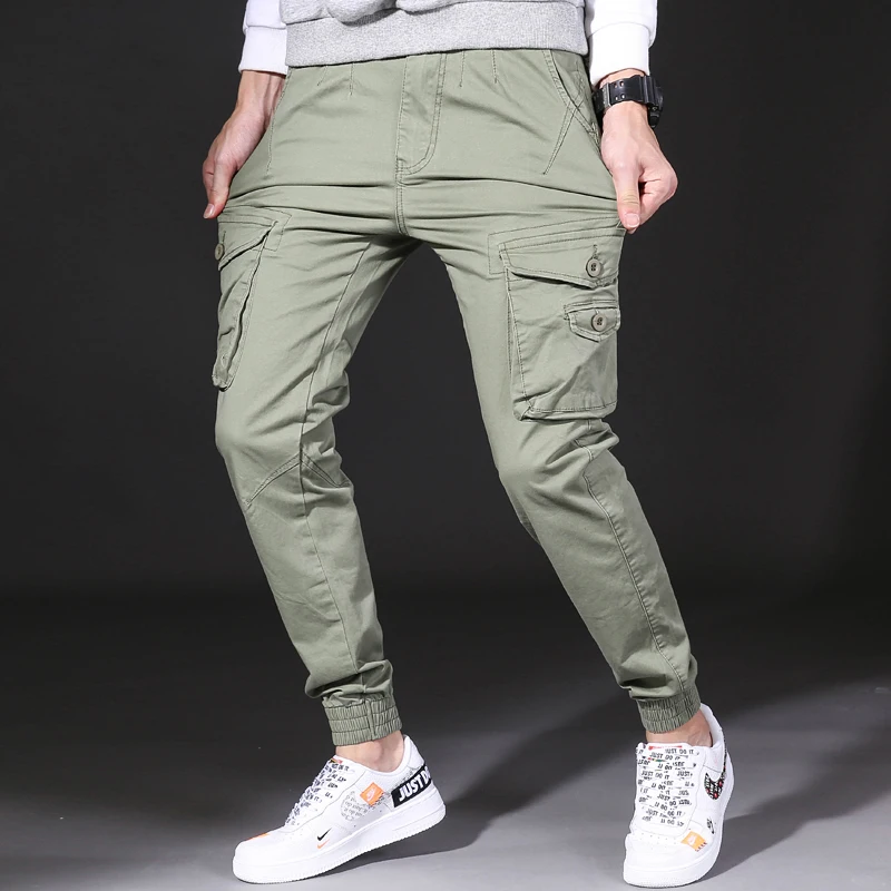 light green Осенние мужские модные классические камуфляжные брюки с несколькими карманами военные брюки карго мужские эластичные комбинезоны брюки 28-38 - Цвет: light green