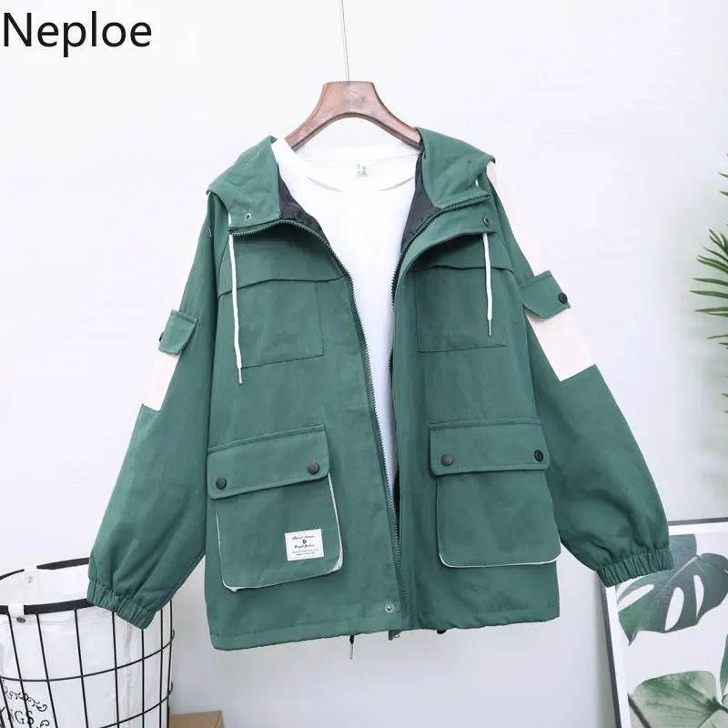 Женская куртка с капюшоном Neploe карго контрастных цветов на молнии длинным