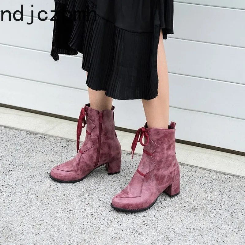 

Martin Boots The New Fashion Autumn and Winter Round Head Zipper Square Heel Mid Heel Short Tube Women's Shoes Size 33-48 Black