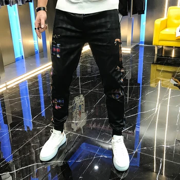 

Autumn 2020 men's casual pants personalized badge letter printing black elastic youth pants mid waist sports pants men's fashion