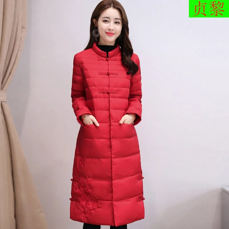 Зима, стиль, женское платье, корейский стиль, длинное, выше колена, китайский стиль, модный, Ретро стиль, толстый пуховик, приталенное пальто