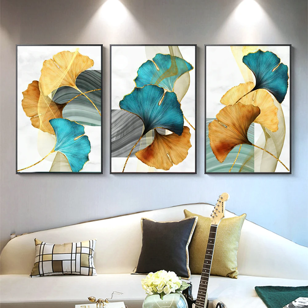 DDHH Blue Green Yellow Gold Plant Leaf Abstract Poster Nordic Canvas Print  Wall Art Painting Modern Picture Living Room Decor|Painting & Calligraphy|  - AliExpress