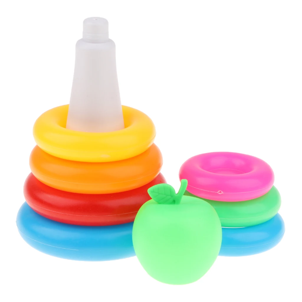 

Cute Green Apple With Rainbow Color Stacking Rings Kids Baby Bath Toy Gift