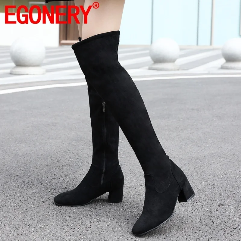

EGONERY winter new concise over knee boots outside high heels square toe flock plus size zip office women shoes drop shipping