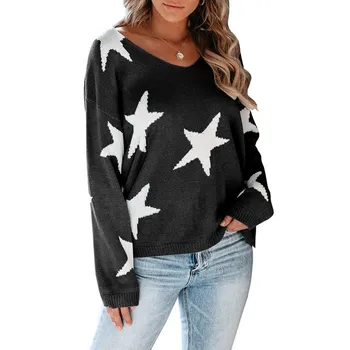 

Laamei Women Sweater Pullovers Star Pattern Vintage Long Sleeve Jumpers 2020 Autumn Winter Ladies V-neck Sweaters Pullovers