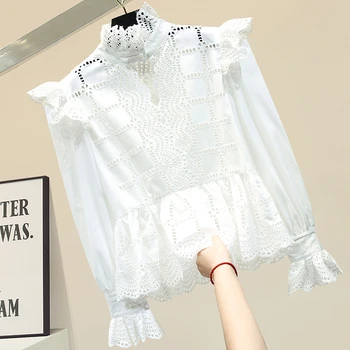 

Hollow out lace Ruffles blouse women white black slim stand collar shirt 2020 spring and summer new arrival elegant modis tops