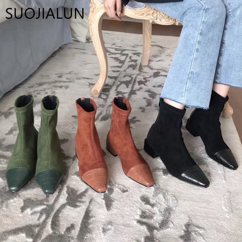 

SUOJIALUN Women Boots Ankle Short Boots Flock Round Toe Zip Square Heels Winter Booties Soft Leather Women Martin Boots Shoes