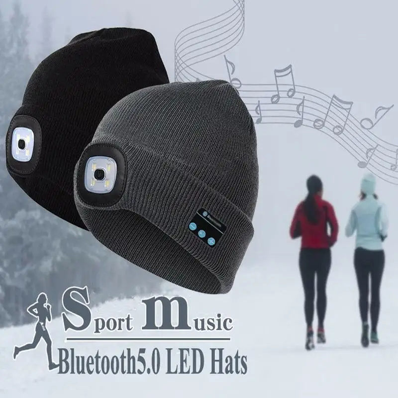 Синяя вязаная шапка с Bluetooth, светодиодная светлая крышка, светодиодная уличная альпинистская светодиодная шапка, перезаряжаемая теплая шапка, вязаная шапочка для пешего туризма