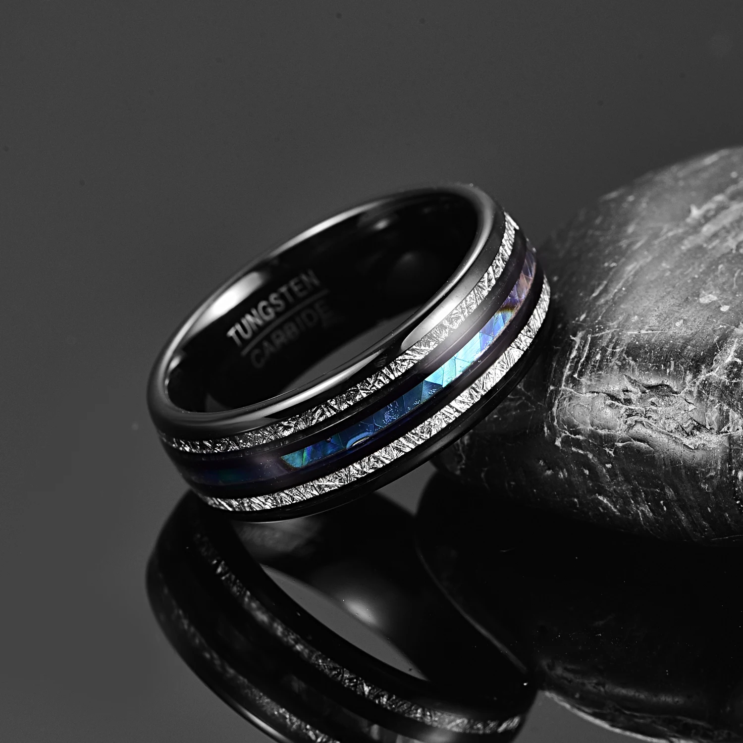8mm Electric Black Inlaid Meteorite Abalone Shell Dome Tungsten Carbide Ring Men's Fashion Wedding Jewelry Best Gift 2