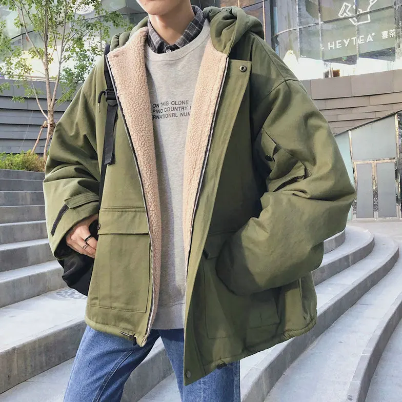 Korean Loose Men's Oversize Jacket Autumn Winter Hooded Cotton Coat Wool Liner Men Coats Warm K098