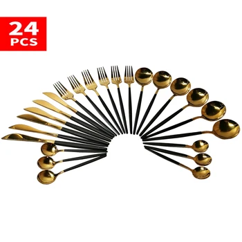 

24pcs Dinner Sets Black and Gold Stainless Steel Cutlery Set Stainless Steel Dinnerware Set Flatware Set