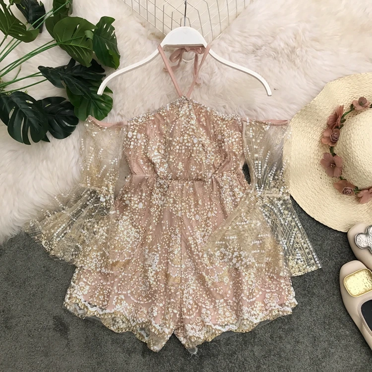 Moda feminina, модные брендовые дизайнерские женские летние комбинезоны, женские сексуальные комбинезоны с бретельками, сетчатые Кружевные Боди с открытыми плечами - Цвет: Цвет: желтый