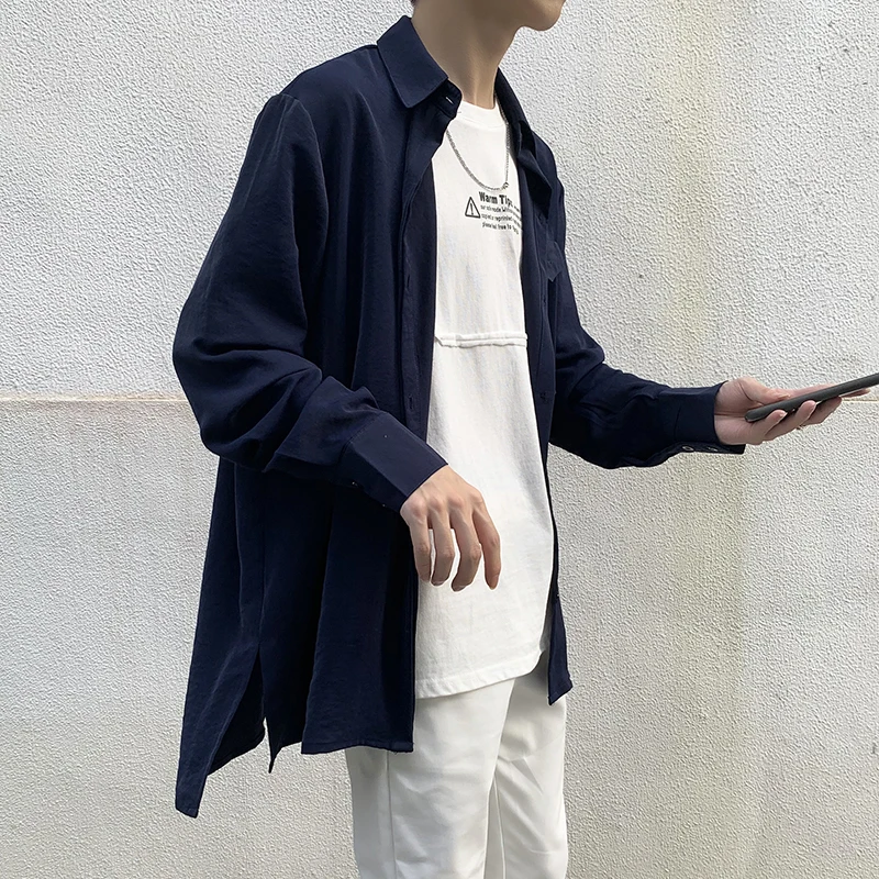 2019 Осенняя мужская повседневная одежда с карманами Однотонная рубашка с длинным рукавом Свободная рубашка французская запонка белые