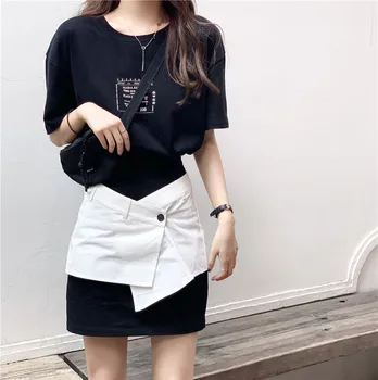 

South Korea's summer new retro printing T+ high waist Joker contrast fake two-piece skirt