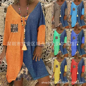 

Large size casual women dress 2020 spring and autumn women dress printed stitching irregular pocket dress new