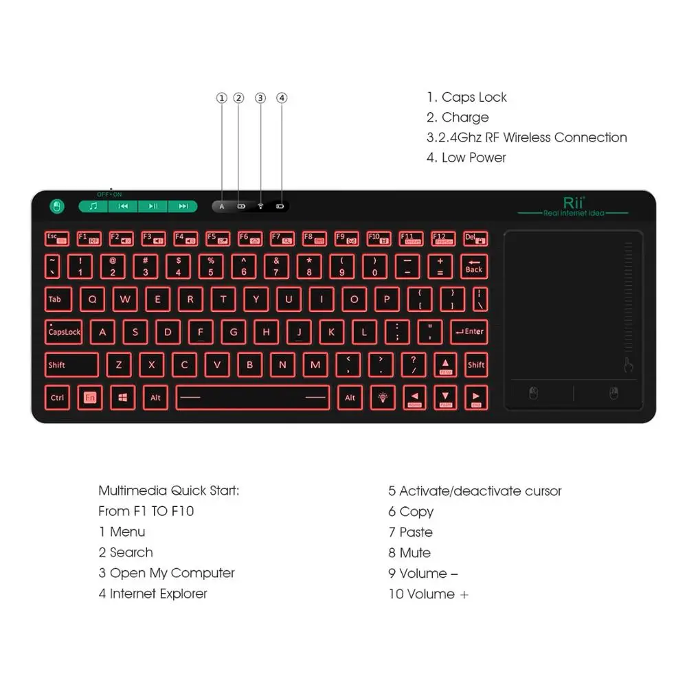 Беспроводная мини-клавиатура Rii RT518 с RGB подсветкой 2,4 ГГц с сенсорной панелью мыши для офисных ПК, ноутбуков, USB клавиатура для настольных ПК