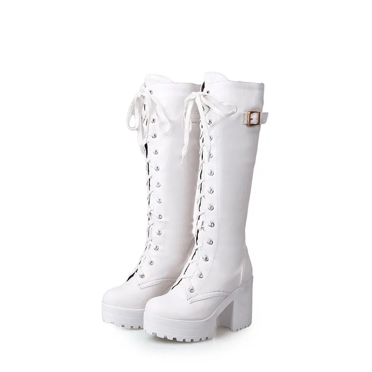 Women's Boots Autumn and Winter The New Fashion Round Head Lace-up Thick Heel High Heel 9.5cm High Tube Women's Shoes Size 34-43 - Цвет: 2