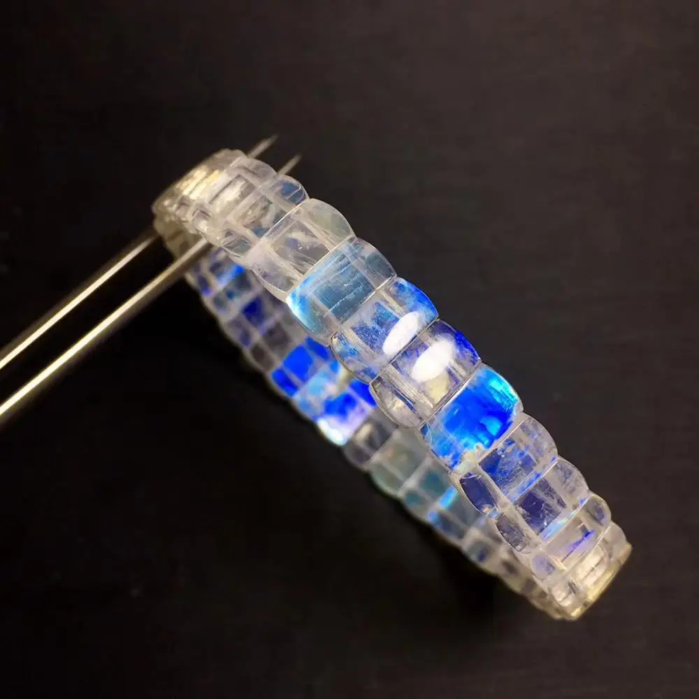

Top Quality Natural Blue Light Moonstone Crystal Clear Rectangle Beads Bracelet Bangle 9.3mm Women Men Healing Certificate AAAAA