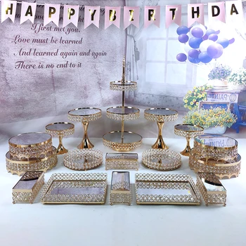 

Crystal beads cake stand set gold plated mirror surface dessert stand wedding party table decoration baking tool
