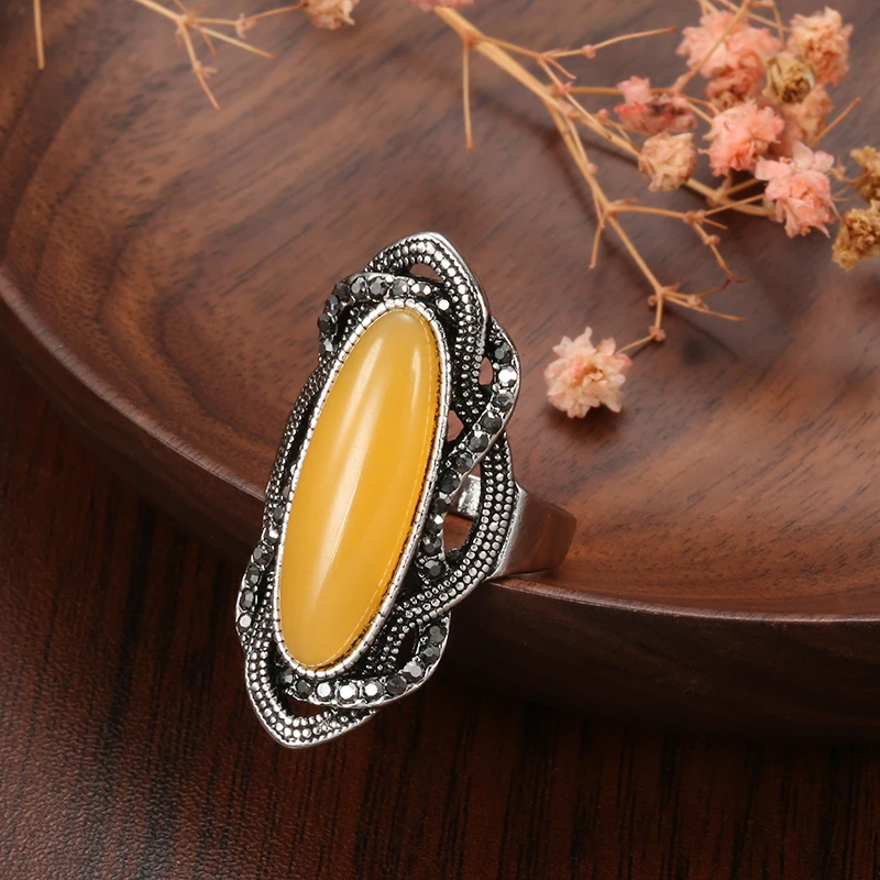 Women Earring Ring Sets Boho Yellow Stone Tibetan Silver AAA Gray Crystal Big Oval Vintage Jewelry earring ring sets