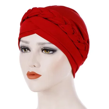 

Muslim Women Braided Front Cross Turban Solid Cross Chemo Cap Beanie Hijab