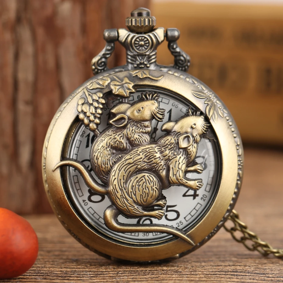 Retro Bronze Chinese Zodiac Pocket Watch Pendant Animal Watch Hollow Necklace Chain Art