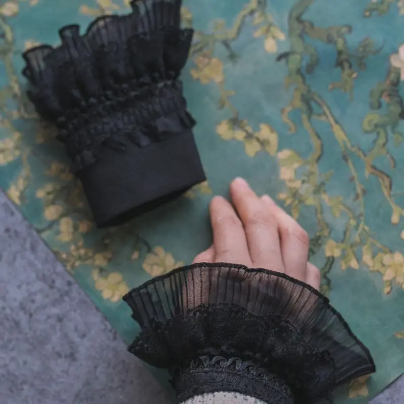 Готические Ретро Черные съемные рукава Ложные манжеты Многослойные оборки кружева лоскутное Лолита принцесса свитер декоративный