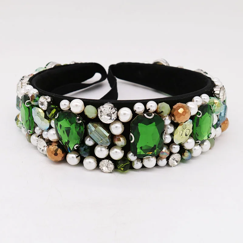 Retro Luxury Bride Headband Pearl Beaded Baroque Hairband Tiara Bridal Crown Headwear Women Hair Jewelry Accessiory Headpiece - Metal color: green