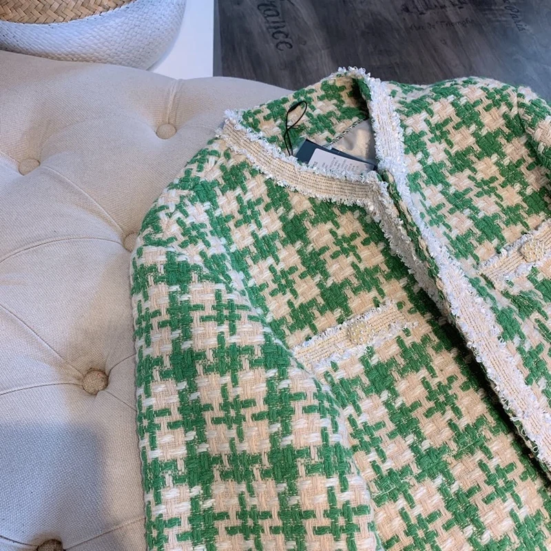fashion Brand women's high-end luxury autumn winter color checkered woven tweed coat