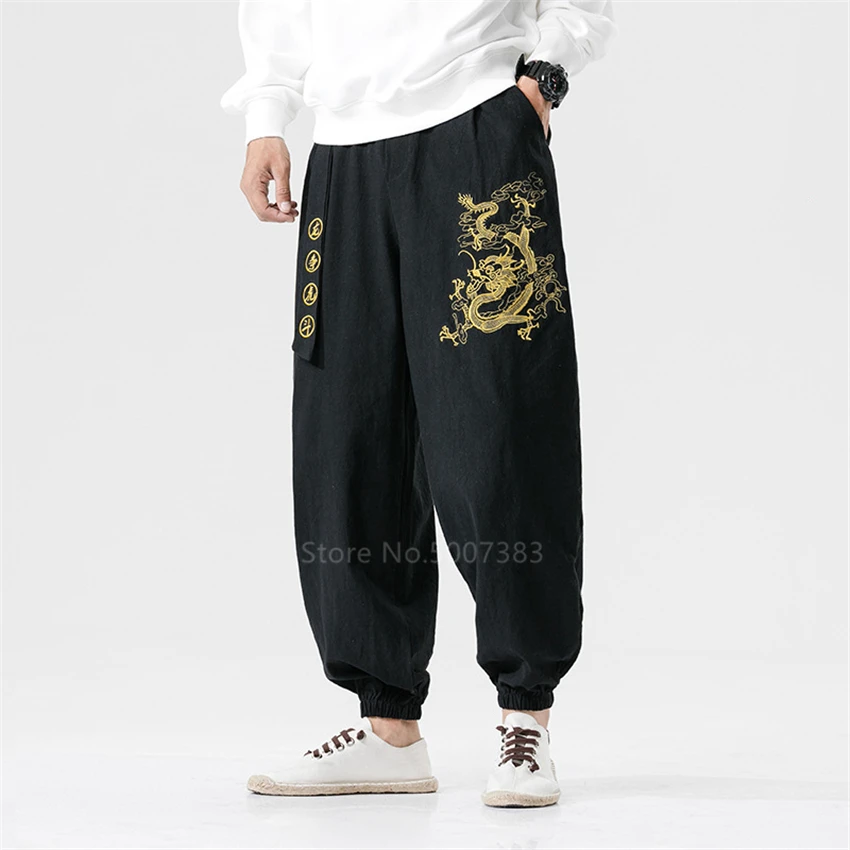 

Chinese Style Traditional Clothing Pants for Men Fashion Oriental Japanese Kimono Casual Vintage Crane Embroidery Pants Trousers