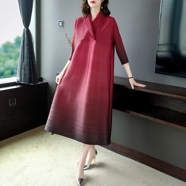 Women Loose Gradient Elegant Dresses Miyake Pleated Summer Female Casual Vintage Fashion Folds Mid-Length A-Line Dress Clothes 4