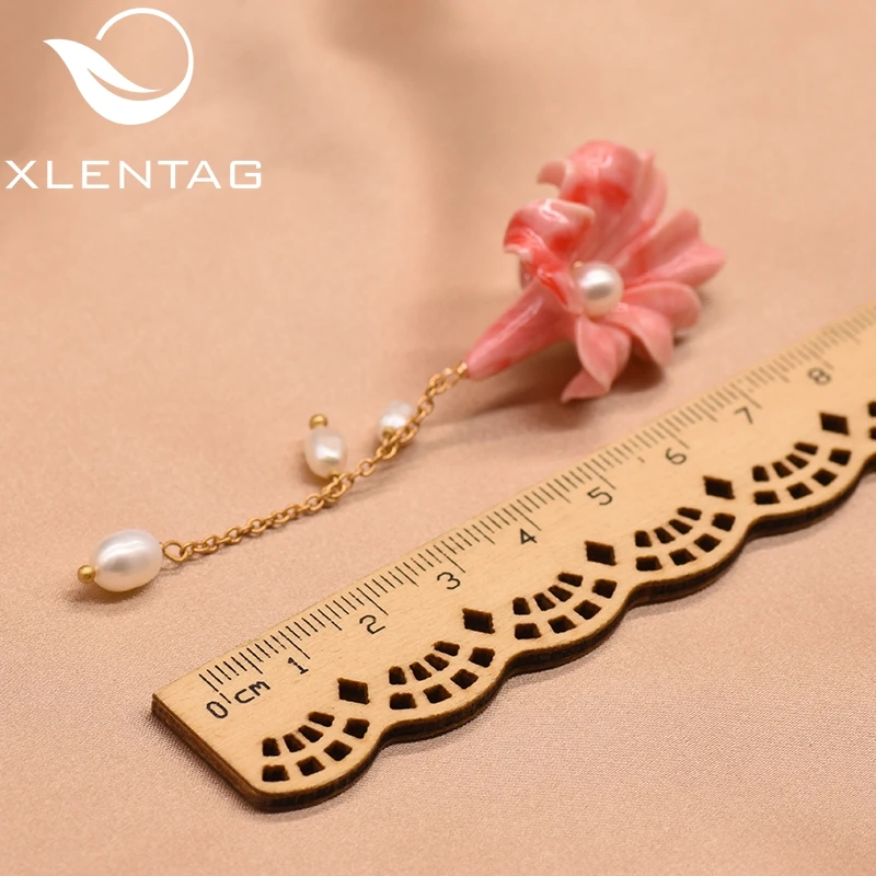 XlentAg 925 серебро Коралловый Розовый цветок висячие серьги для женщин натуральный жемчуг подвеска на цепочке Сережки для пирсинга Новинка GE0006