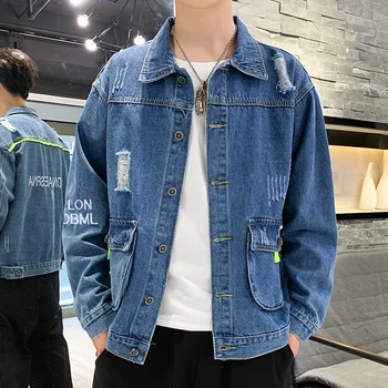 

Hot Sale Male Hole Denim Jackets Embroidery Men's Coat Darkblue Lightblue S-3XL Men's Denim Jackets Coat