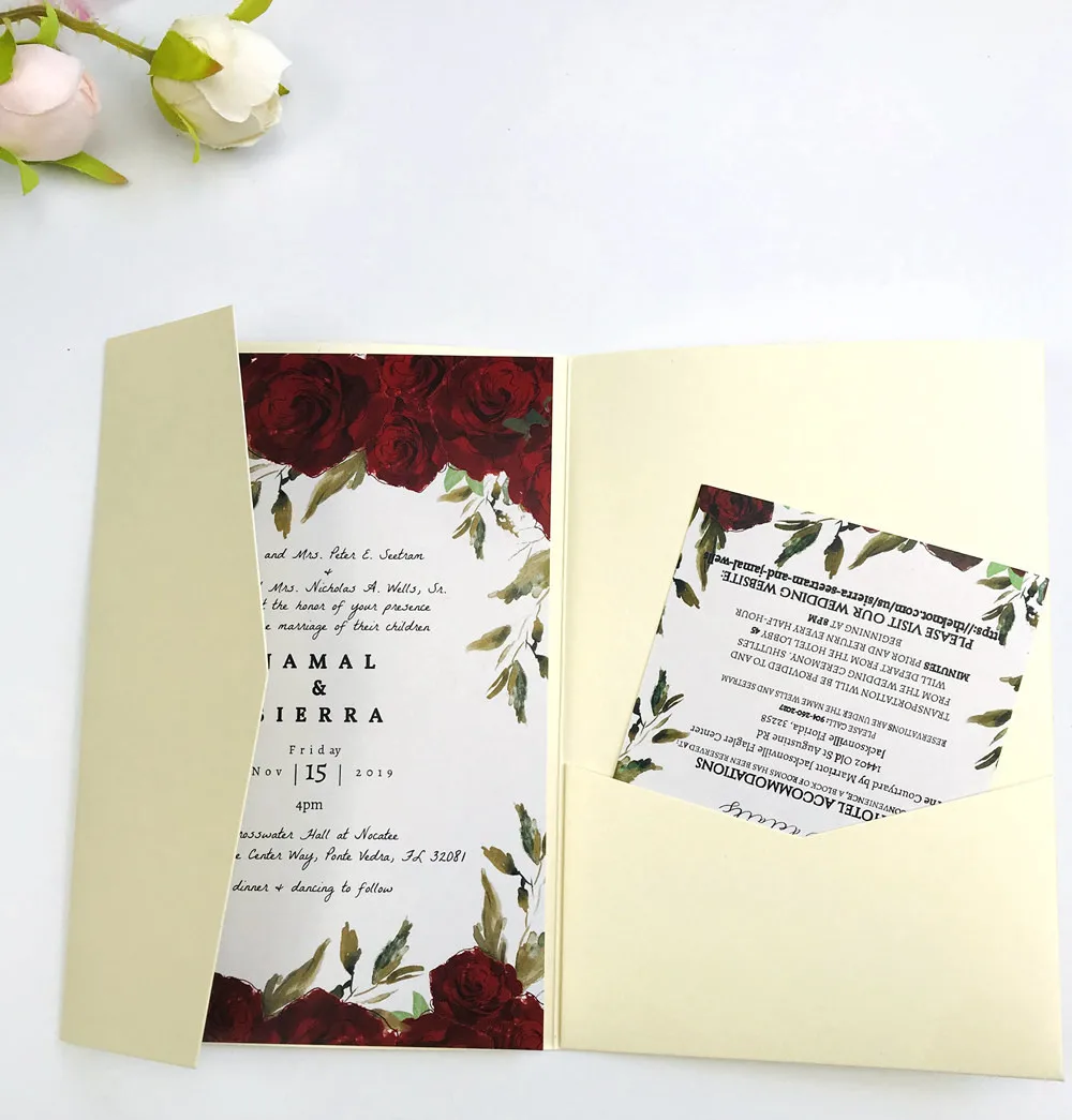 

free shipping 2pcs plain tri fold wedding invitation cards with envelope ,insert, RSVP 3 fold laser cut pocket fold cards